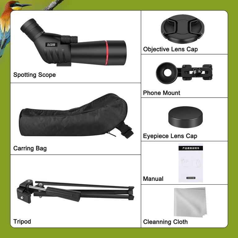 25-75x80 BAK4 Spotting Scope with Tripod, Carrying Bag