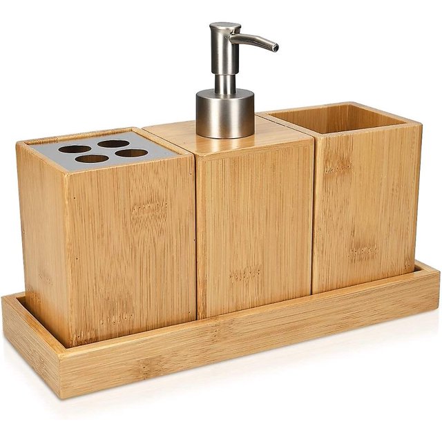 Juego de accesorios de baño - 4 accesorios de baño de bambú - Portacepillos de dientes - Dispensador de jabón - Vaso - Soporte