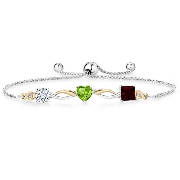 Gem Stone King 925 Silver and 10K Yellow Gold Green Peridot Red Garnet and Lab Grown Diamond Tennis Bracelet for Women By Keren Hanan (2.19 cttw, Adjustable up To 9 inch)