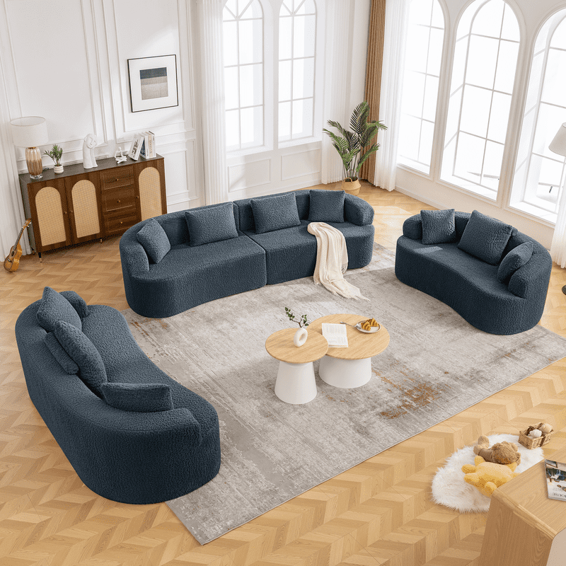 ATHOPE 86" Curved Cloud Couch, Boneless Sofa for Small Space, Plush Teddy Fabric Modern Couch with 3 Throw Pillows, Comfy Floor Love Seat for Living Room, Bedroom, Blue