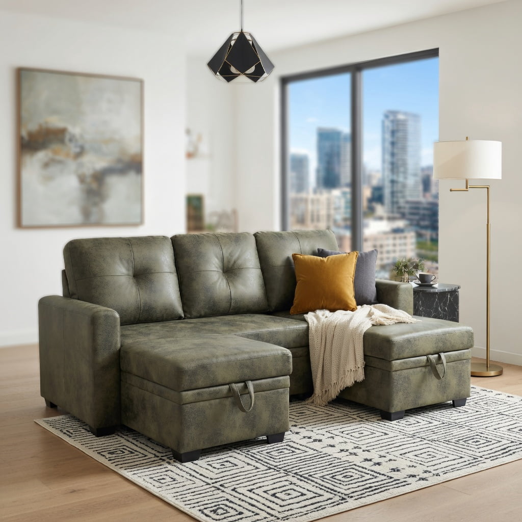 Hommoo L-Shaped Sleeper Sectional Sofa with Pull-Out Bed, Reversible Chaise & Hidden Storage, Convertible Living Room Furniture for Small Spaces, Olive Green