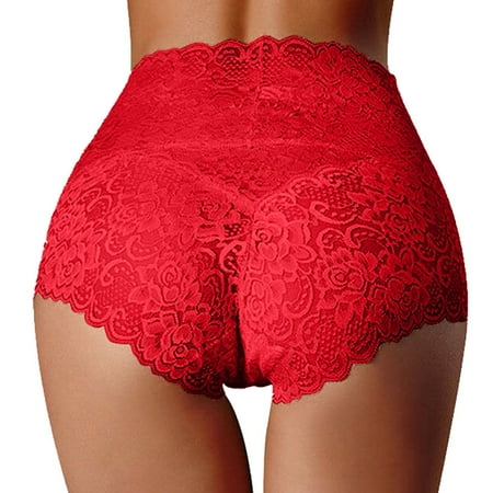 HCNTES Sexy Panties for Women Sheer Floral Lace Cut Out Underwear Breathable Briefs L Red