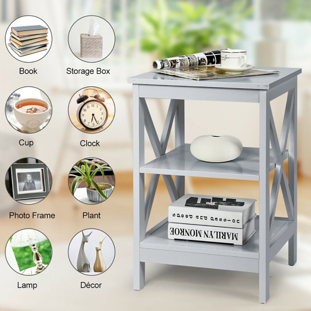 Finihen End Table, 3-Tier Nightstand End Table with X Design Storage, Bed Side Tables, for Living Room, Bedroom, Gray Finihen End Table, 3-Tier Nightstand End Table with X Design Storage, Bed Side Tables, for Living Room, Bedroom, Gray
