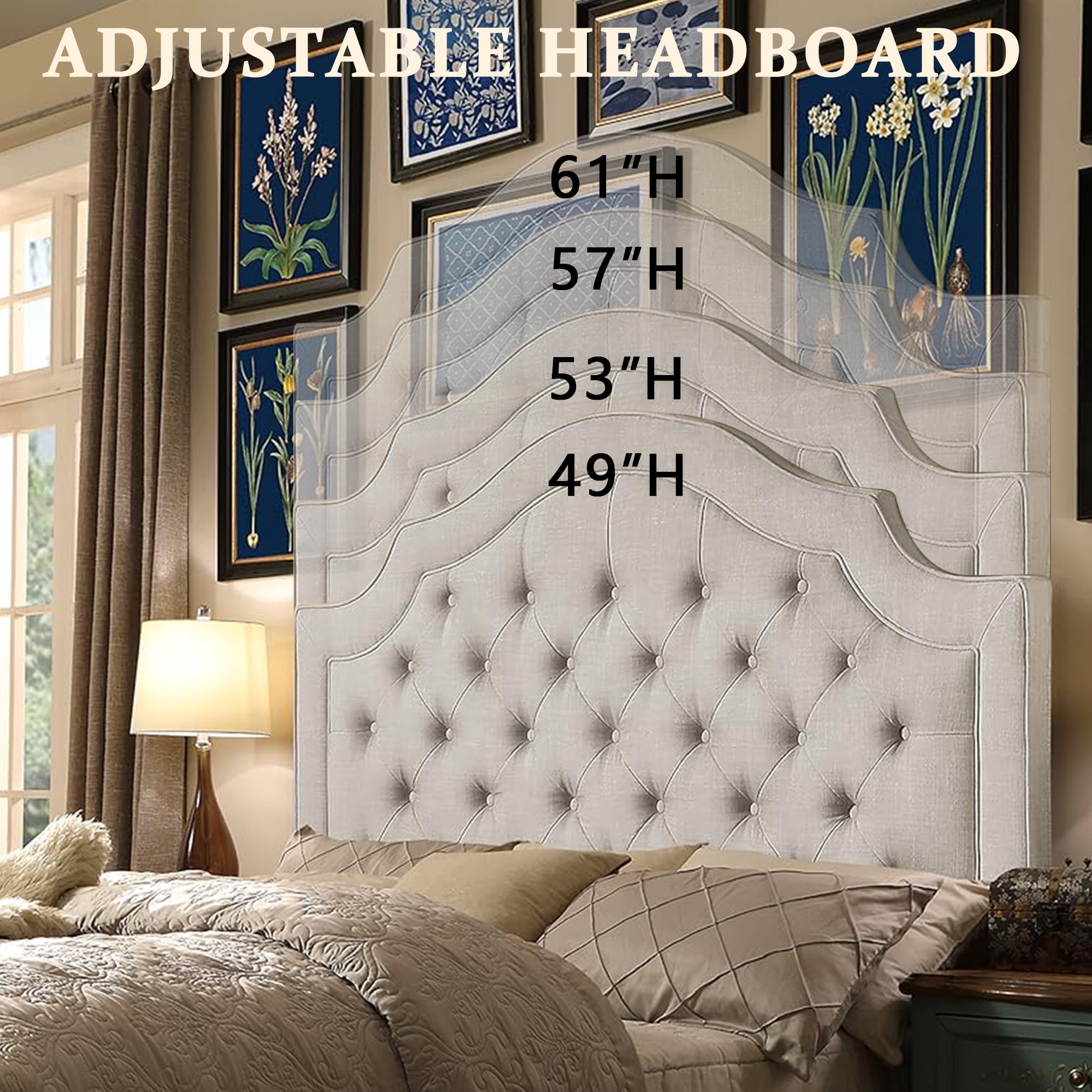 Queen Size Classical Bed Frame with Adjustable Button Tufted Headboard, Fabric Upholstered Platform Bed Frame for Bedroom, Strong Wooden Slat Support, Easy Assembly, Beige