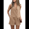thumbnail image 2 of Conjuntos de Verano de 2 Piezas para Mujer, Sin Mangas, con Cuello en V, Abotonado, Chaleco y Pantalones Cortos con Bolsillos. Caqui M, 2 of 10