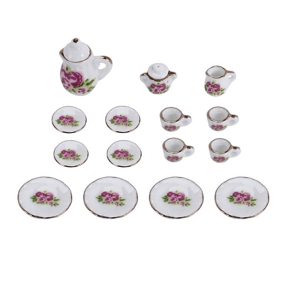 15 pieces Porcelain tea set Dollhouse miniature foods Chinese dishes cup