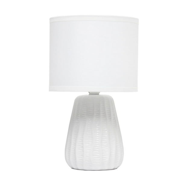 Simple Designs 11.02" Traditional Mini Modern Ceramic Texture Pastel Accent Bedside Table Desk Lamp with Matching Fabric Shade in white, featuring a textured ceramic base with vertical ridges and a white fabric drum shade, suitable for bedroom, nightstand, living room, or entryway, and often used as a compact accent light for small office desks.