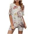 thumbnail image 2 of Ensemble 2 Pcs pour Femmes Mode Blouse Col Rond Manches Courtes Hauts Shorts Ensemble Décontracté Ensembles Femmes en Liquidation, 2 of 5