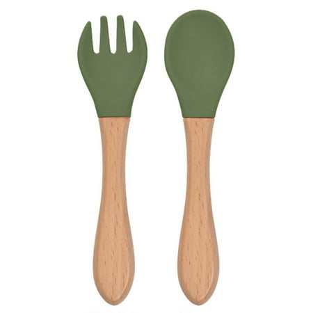 

Grandest Birch 2Pcs/Set Children Fork Smooth Edge Convenient Lightweight Wooden Handle Silicone Kid Spoon for Home Easy to Wash Lo