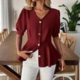 thumbnail image 6 of Mifsaly Womens Peplum Tops V Neck Puff Sleeve Button Down Shirts Ruffle Hem Fitted Waist Summer Casual Elegant Tunic Top Wine,XXL, 6 of 7