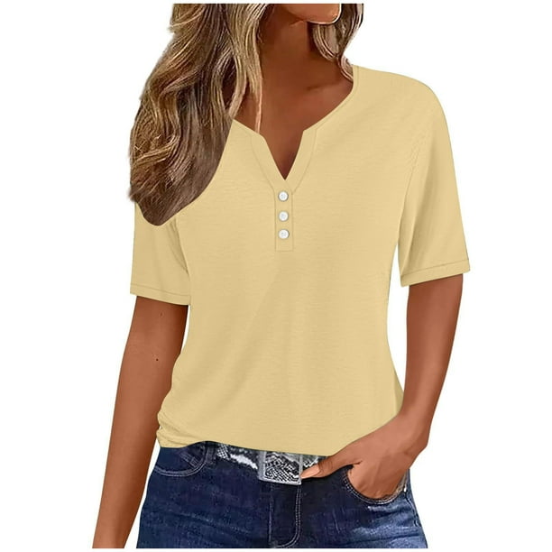 Mujeres de Algodón de Verano Tops de Color Sólido Casual Mediano de Manga Corta de Cuello Redondo, Camisa Ligera de Algodón de Imitación