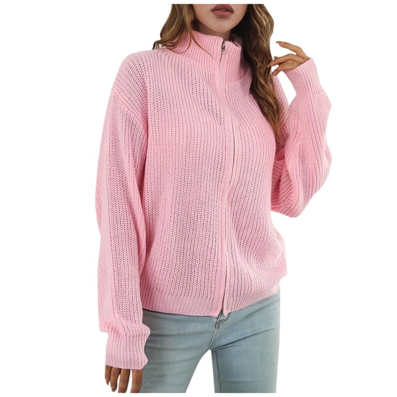 Busydd Cardigan Sweaters for Women Trendy Zipper Lapel Fall Cardigans for Women Solid Color Long Sleeve Knit Cardigan Casual Loose Oversized Cardigan Sweater Blouse Tops