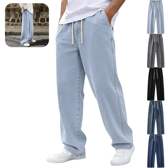 Mfakffe Baggy Jeans for Men Wide Leg Drawstring Elastic Waist Denim Pants Hip Hop Streetwear Casual Summer Jeans with Pockets