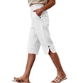 thumbnail image 2 of Axiiglly White Shorts for Women Cotton Linen Stretch High Waisted Bermuda 2 Pockeets Shorts Boho Vacation Knee Length Capris Shorts L, 2 of 9