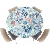 Summer Coastal Starfish Round Fitted Tablecloth with Elastic Edge,Coral Shell Conch Table Cover Waterproof Table Cloths for Round Tables,Marine Theme Sealife Circle Table Covers for Kitchen 36-44in