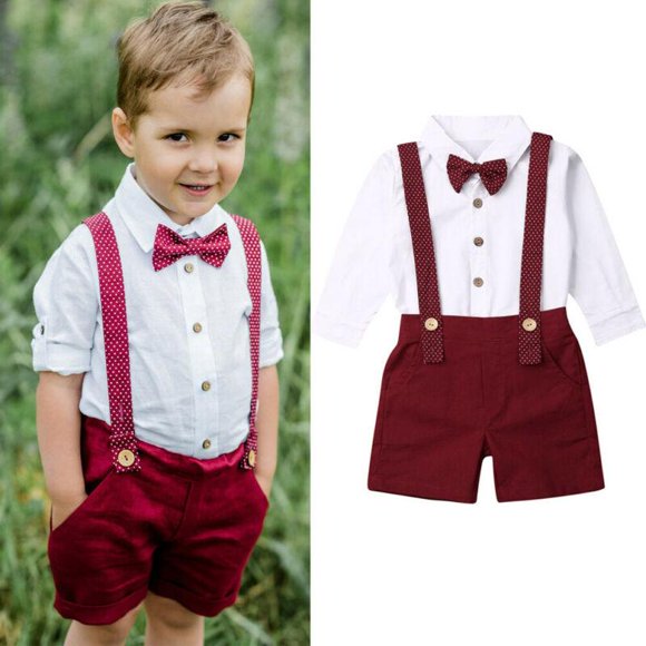 Tenue d'Été pour Tout-Petits Garçons, Petit Gentleman, Short à Bretelles avec Nœud Papillon