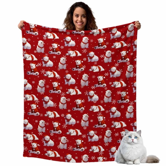 Xmas Polar Bear Snowflakes on Red Throw Blanket Flannel Fleece Throws, Cute Animals Seamless Lightweight Super Soft Warm Blankets for Couch Sofa Bed All Season Use, 40x50 in