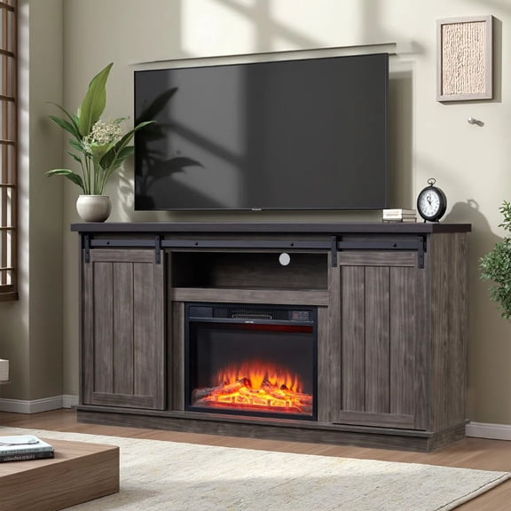 63" Farmhouse Fireplace TV Stand with Sliding Barn Doors, Entertainment Center for TVs up to 73", Adjustable Shelves & Storage, Brown/White