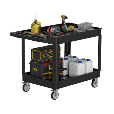 Utility Service Cart with Wheels, 2-Shelf Rolling Plastic Tool Cart (45.7" x 25.4") with 550 LBS Capacity, Work Cart with Ergonomic Storage Handle for Warehouse, Garage, Office, Black