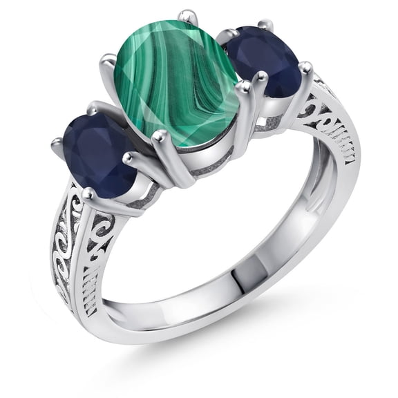 Gem Stone King 3.61 Ct Oval Green Malachite Blue Sapphire 925 Sterling Silver Ring (Size 7)