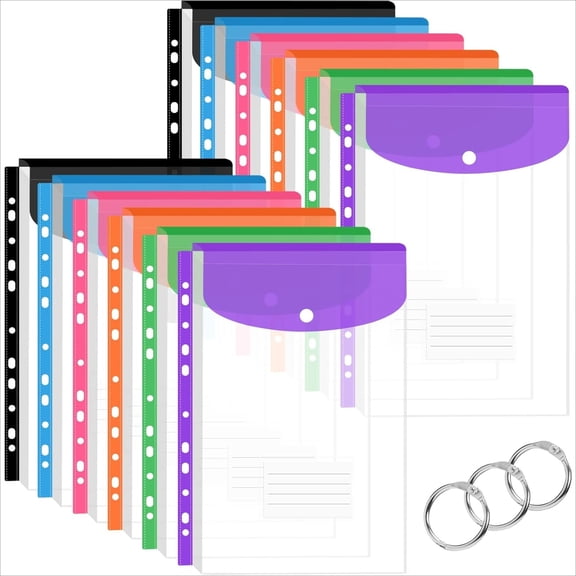 Qianfeng 12 Pack 11 Holes Plastic Binder Pockets for 2/3/4 Ring Binder, Expandable Envelopes Document Pouch with Snap Button & Label for School Home Office