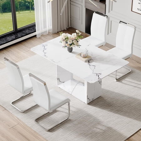 JUFU 5-Piece Dining Table Set with 63" Faux Marble Rectangle Table and 4 PU Leather Chairs, Modern Kitchen Table Set for Dining Room