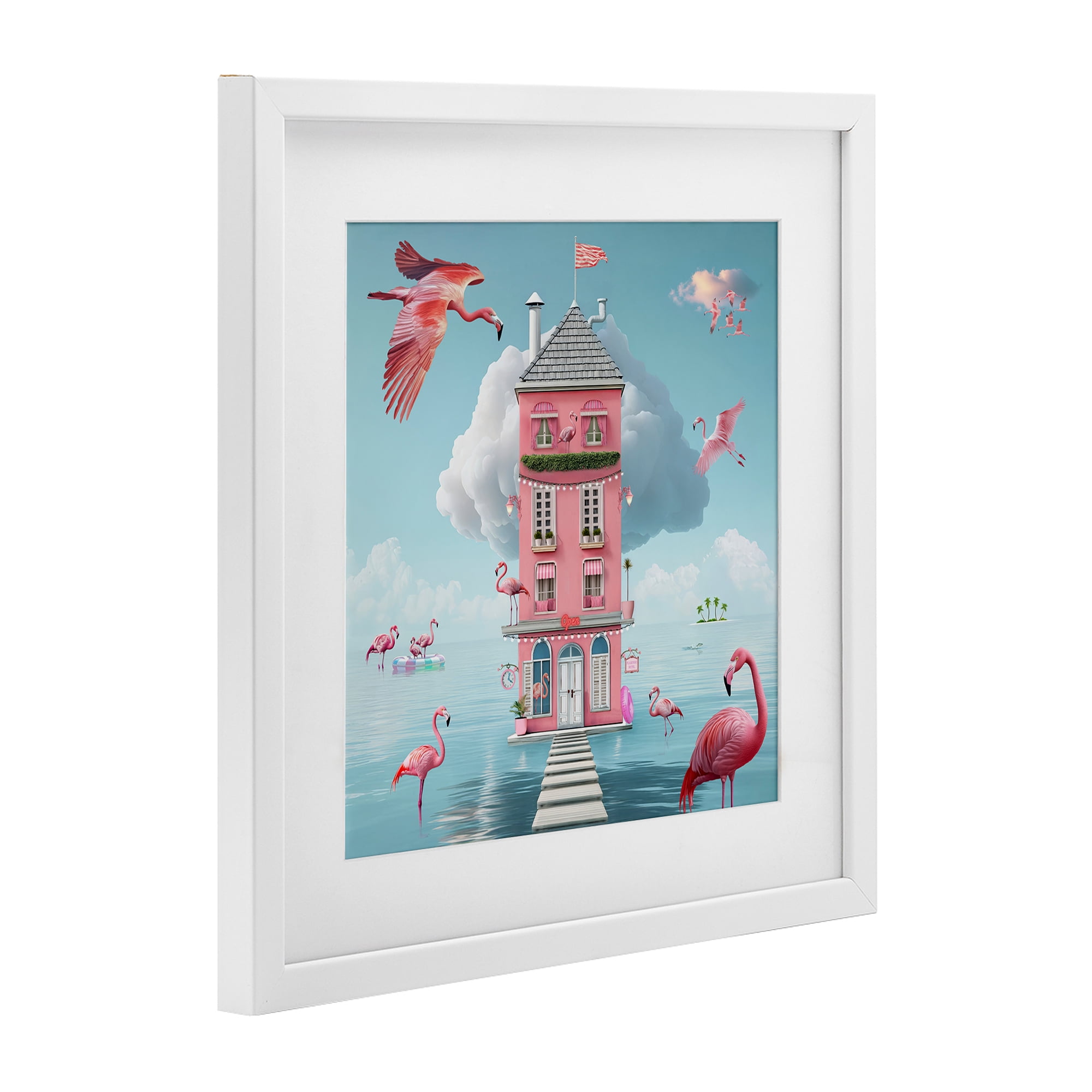 Flamingo Hotel on Water White Framed Print Under Glass, design by Lori Lea Studios