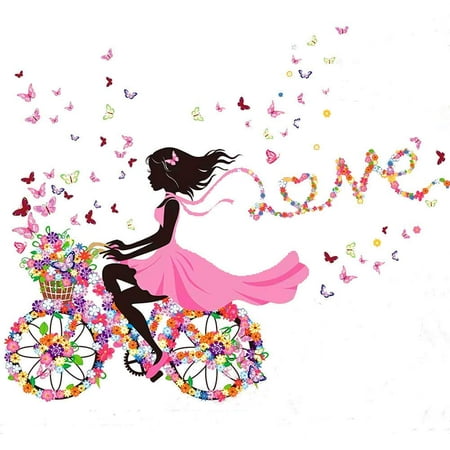 Wall Stickers Bike Flower Butterfly Girl on Bicycle Removable Vinyl DIY Wall Art Mural Sticker Decal Decor for Living Room Bedroom Home ()