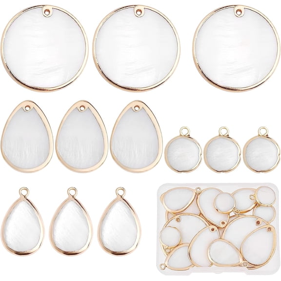 16Pcs 4 Style Natural Shell Pendants with Golden Tone Brass Findings Flat Round & Teardrop Seashell Color 16~30.5x13~30.4x1.5~5mm Hole: 1.2~2mm 4pcs/style