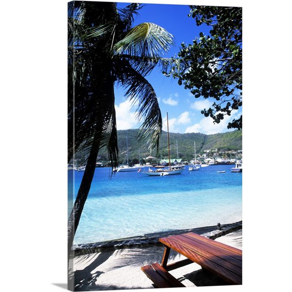Great BIG Canvas | "Harbor, palms, blue water at Port Elizabeth in Bequia, Grenadines" Canvas Wall Art - 20x30
