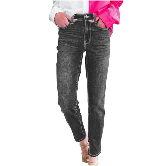 YanHoo Skinny Jeans for Women Trendy Spring Fall High Waist Straight Leg Stretchy Denim Pants with Pockets Black,M