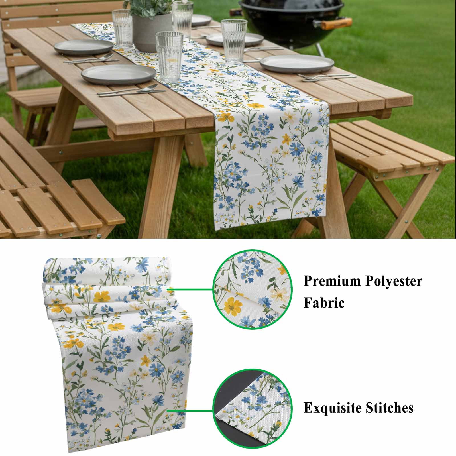 Spring Floral Cotton Linen Table Runner Blue Yellow Wildflower Green Leaves Rustic Dining Table Runners for Home Decor Party Dining Room Restaurant Kitchen 13" x 108"