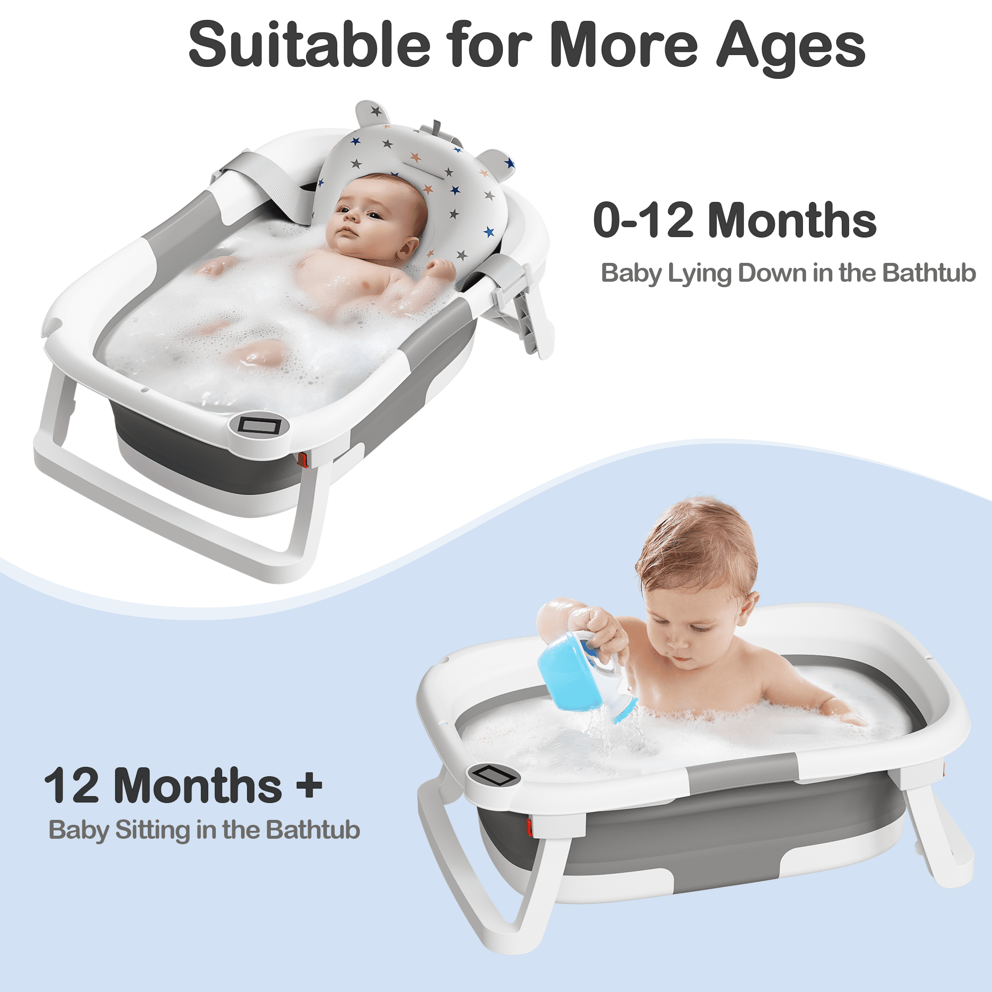 Aprpink Collapsible Baby Bathtub with Soft Bath Cushion&Thermometer Gray