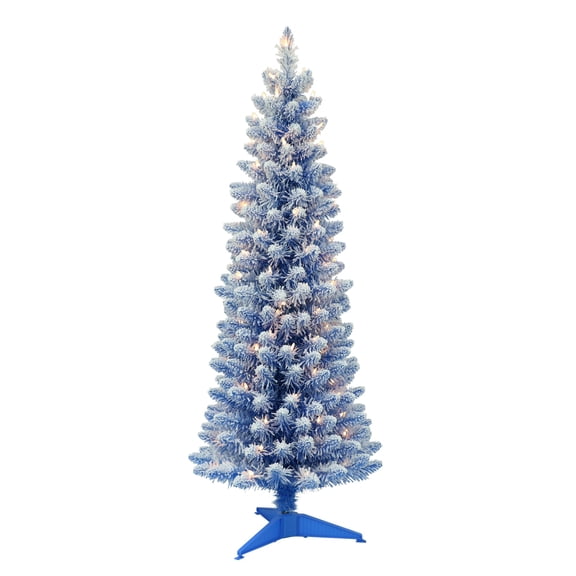 CC Christmas Decor Pre-lit Pencil Flocked Blue Artificial Christmas Tree - 4.5’ - Clear Lights