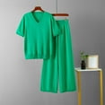 thumbnail image 2 of Lounge Summer Outfits Womens Two Piece Sets Loose Fit Short Sleeve V Neck Tops and Wide Leg Ribbed Pants Suits One Size (Free Size, Green), 2 of 4