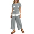 thumbnail image 2 of SGFCWSX Girls 2 Piece Outfits Bow Lace Hem Short Sleeve Tops Wide Leg Capri Pants Summer Casual Clothes Set Gray Size 2T, 2 of 9
