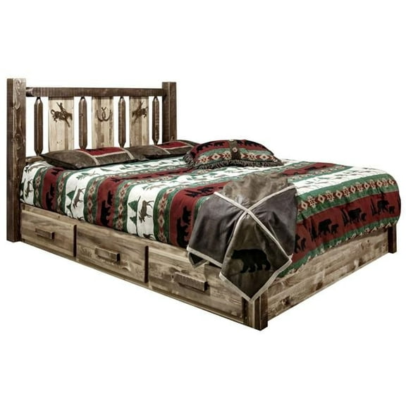 Homestead Collection Platform Bed w/ Storage, California King w/ Laser Engraved Bronc Design, Stain & Clear Lacquer Finish