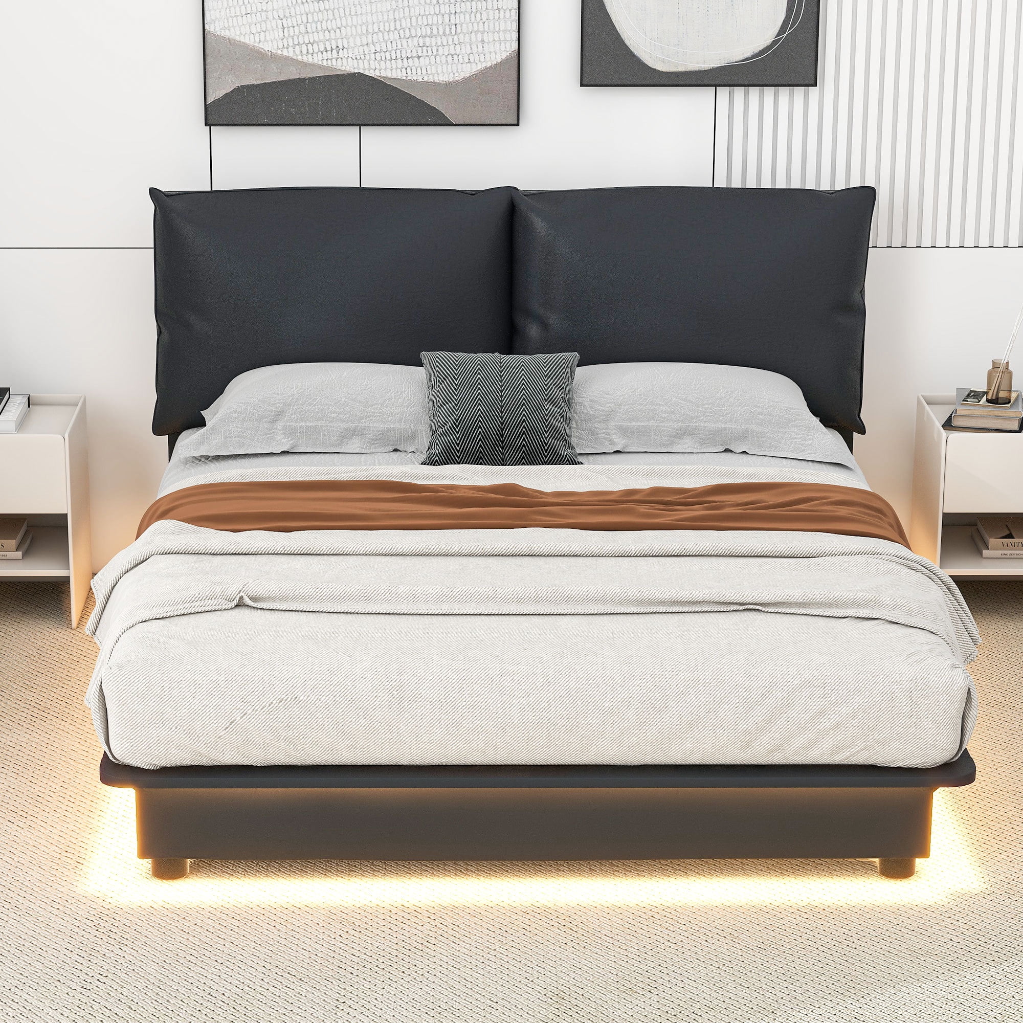 Leumius Queen Size Upholstered Platform Bed with Sensor Light & Ergonomic Design Backrests,Heavy Duty Bed Frame with Wood Slats Support,No Box Spring Needed,Black