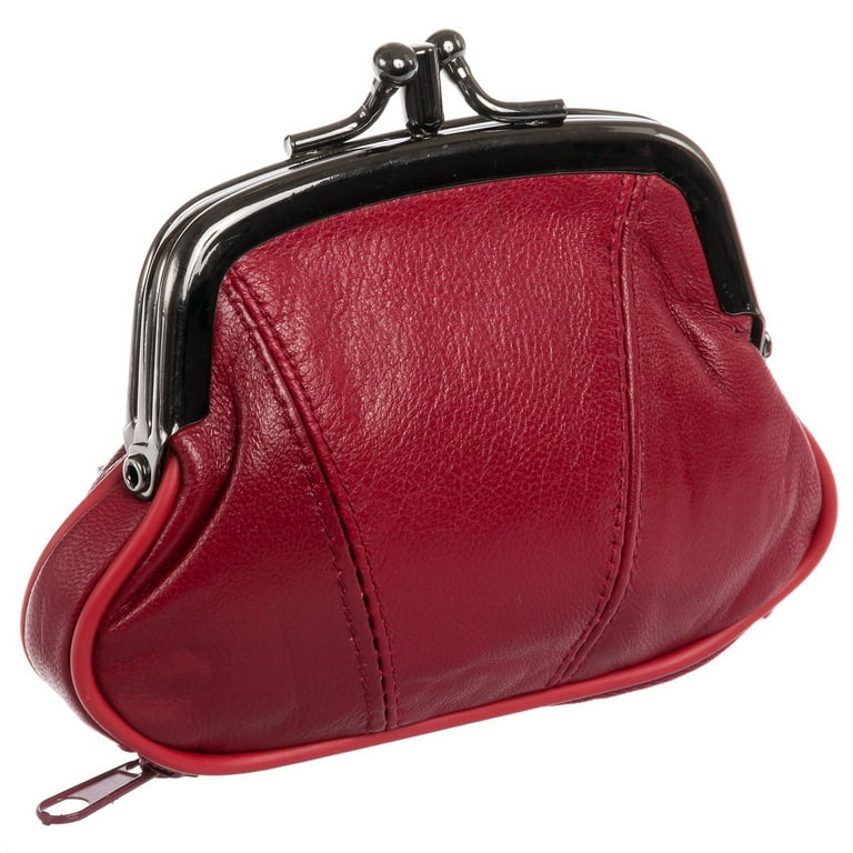 Leather Kiss Lock Coin Purse - Red