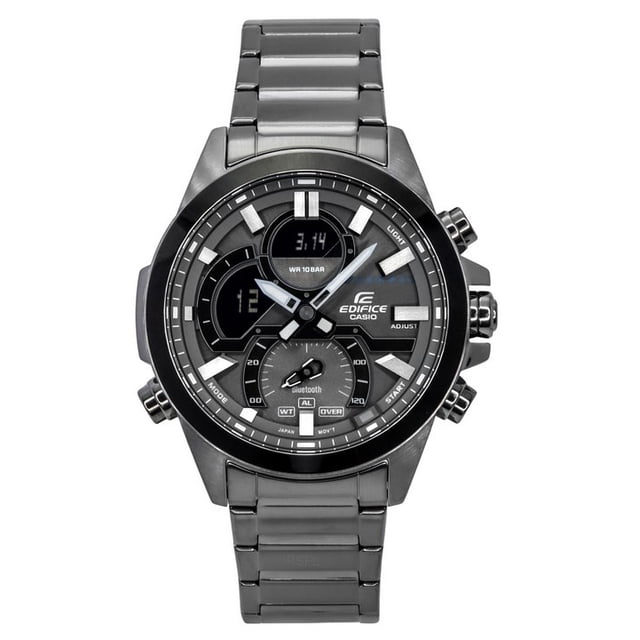 Casio Edifice Smartphone Link Model Bluetooth Analog Digital Grey Dial Quartz ECB-30DC-1B men's watch with a stylish grey dial featuring analog and digital displays. The stainless steel case offers durability, while Bluetooth connectivity enables seamless smartphone integration. Additional features include 100-meter water resistance, Mobile Link, Airplane Mode, and 5 daily alarms. Measuring approximately 48.70 mm, this elegant timepiece is protected by mineral crystal and designed for versatile wear.