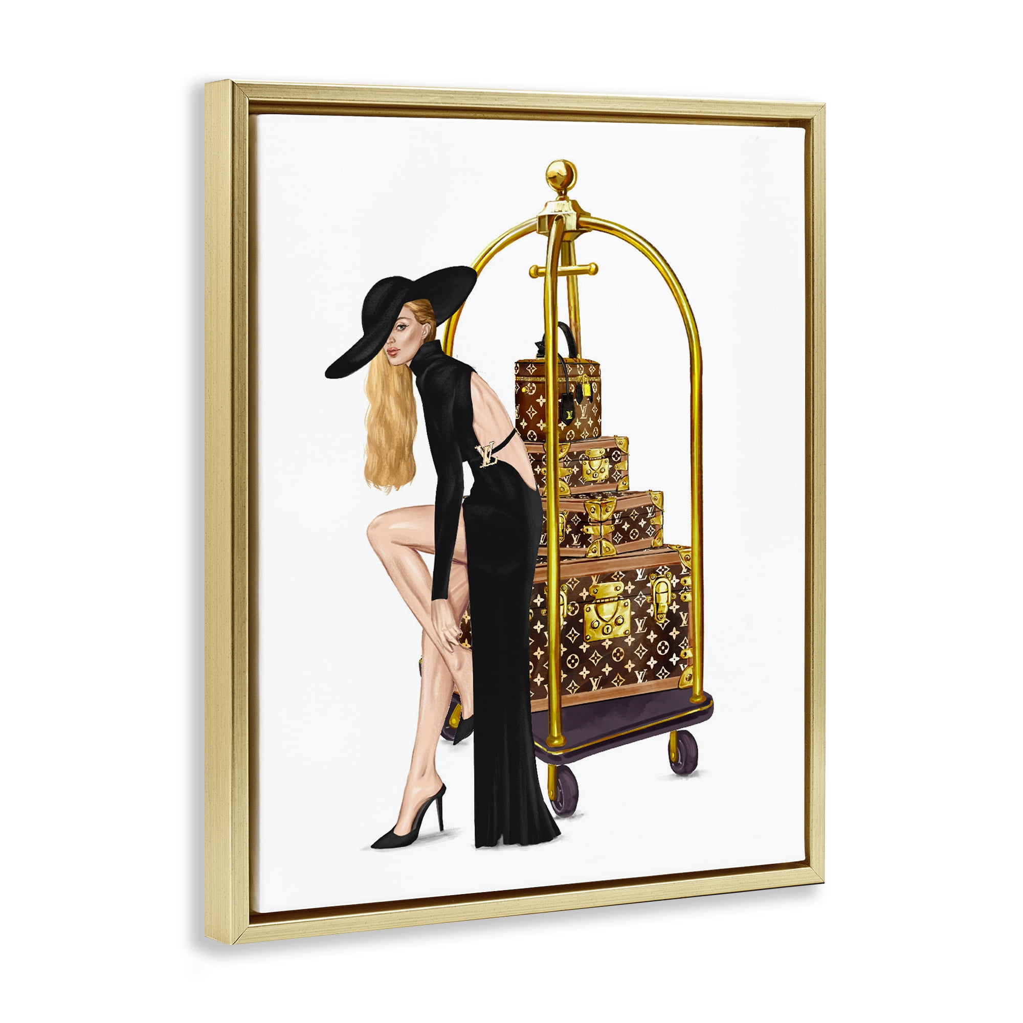 Fashionista with Hotel Luggage Gold Framed Floater Canvas Wall Art, design by Ziwei Li