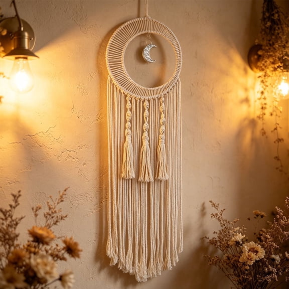 3 Styles Macrame Moon Dreamcatcher Wall Hanging, Hand Woven Cotton Tassel Tapestry, Boho Home Wall Art Decor for Bedroom Living Room Dorm Nursery Apartment