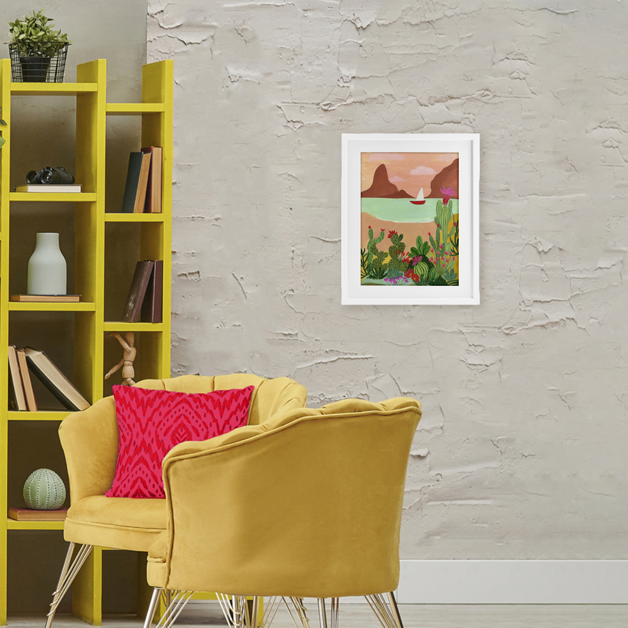 Desert Oasis Boat White Framed Print Under Glass, design by Nabeela Rumi