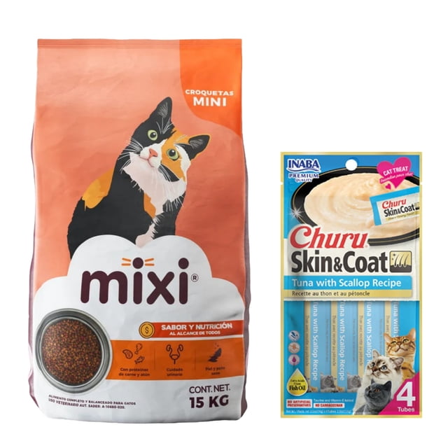 Mixi 15 Kg + Churu Skin&Coat Atún y Vieira Snack 4 tubos de 14g