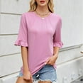 thumbnail image 5 of OSOLU Women Solid Color Striped O-Neck Mid Sleeve T-Shirt Tshirts Tee With Sleeves Fashionable Dailywear, 5 of 6