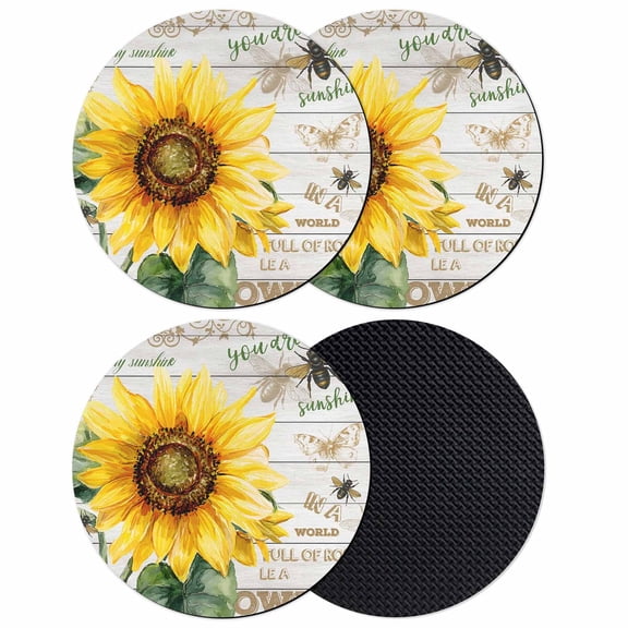 Yellow Sunflower Coasters Set of 4, Absorbent Coasters for Drinks, Elegant Pastoral Floral Wooden Coaster for Desk Coffee Table Protection, Home Decor House Warming Gifts 4"