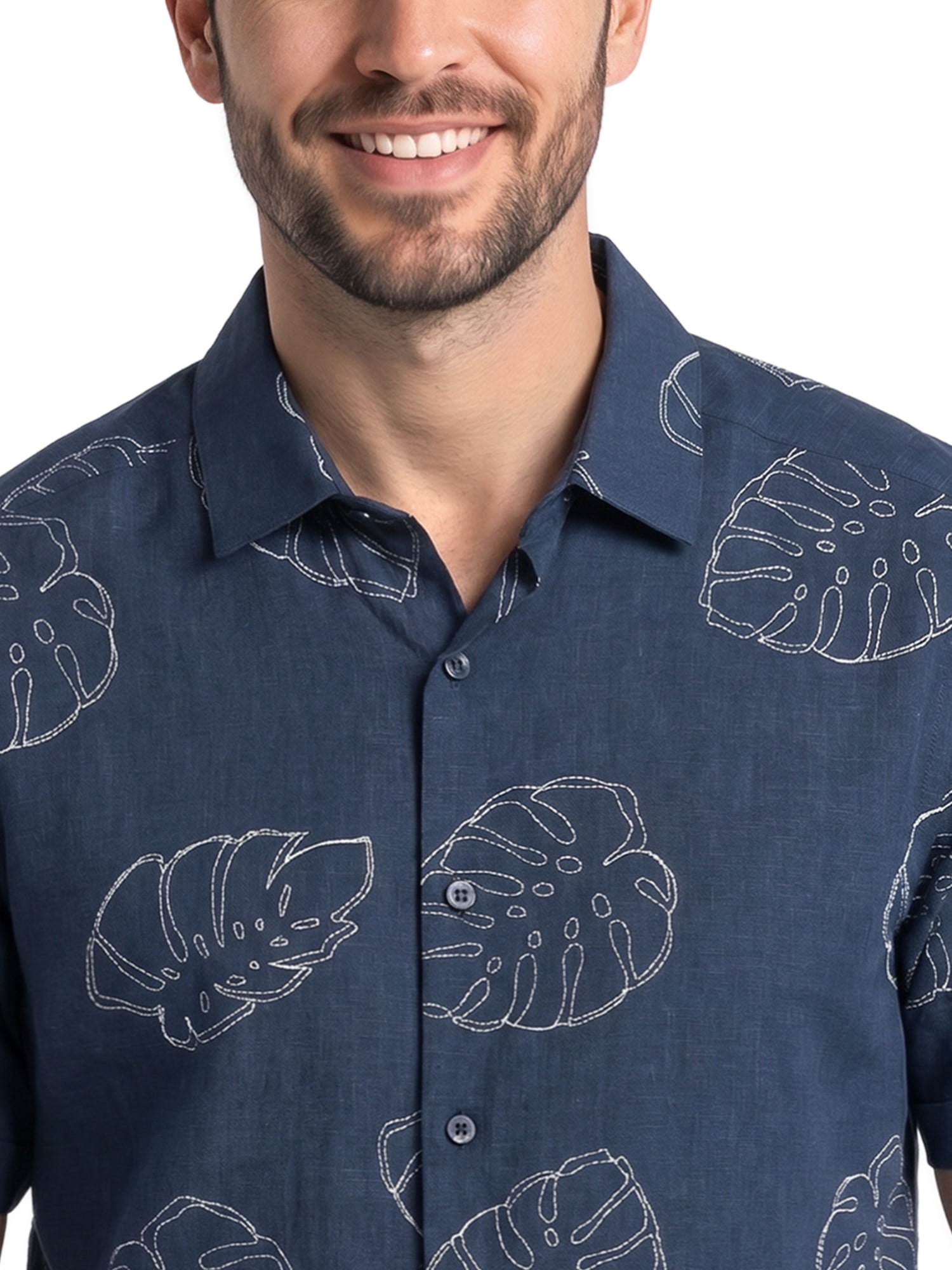 Cafe Luna Men’s and Big Men’s Embroidery-Look Allover Print Linen-Cotton Short Sleeve Button-Down Shirt, S-5XL