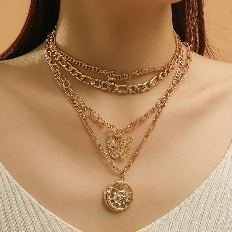 Fofosbeauty Layered Choker Necklaces,3 Tier Female Fashion Punk Long Chain  Pendant Multilayer Adjustable Layering Chain Gold Plated Necklaces Set for
