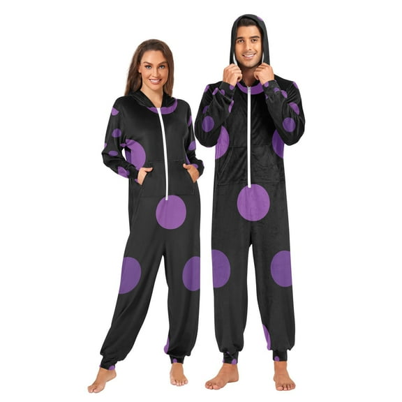 Purple Polka Dot Adult Onesie Pajamas Slim Fit Christmas One Piece Suit Pjs for Women and Men Hooded Zipper