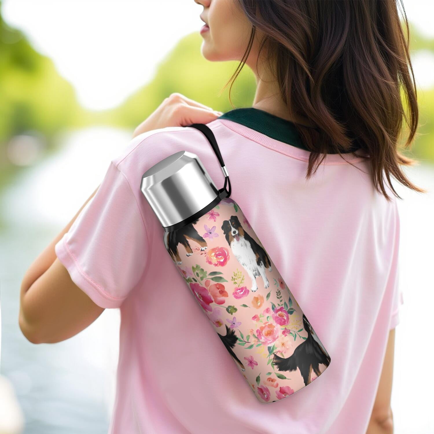 20 Oz Bernese Mountain Dogs with Flowers Coffee Tumbler Double Wall Insulated Stainless Steel Water Bottle | Metal Reusable Thermoses Flask with Cup Cap | Leak & Sweat Proof with Anti-Dust Lid